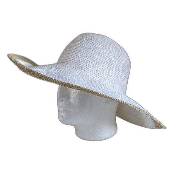 Packable Travel Floppy Straw Hat Wide Brim White with Tan Edge Vacation Cruise - Picture 6 of 11